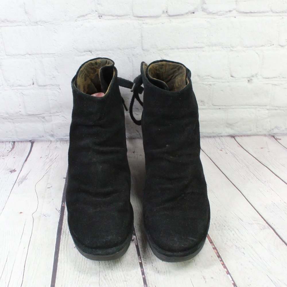 FLY London Yama Black Suede Wedge Ankle Bootie Boot Size 40 US 10 - Picture 5 of 9